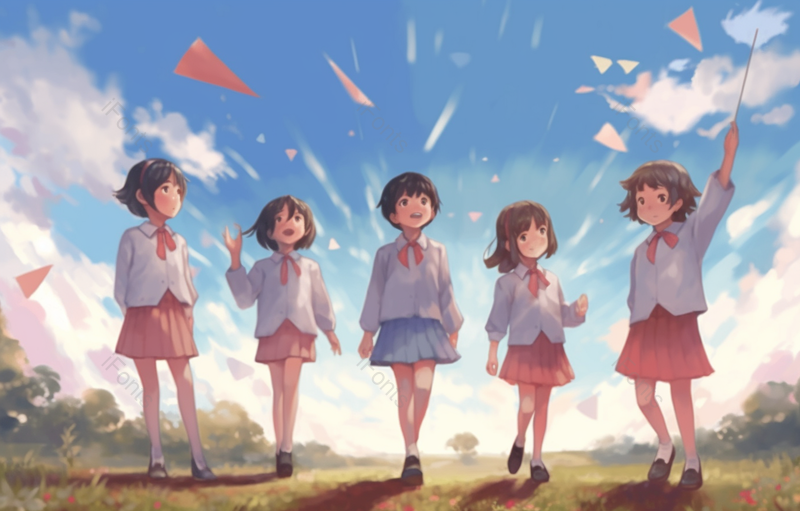 蓝天白云下四个站立的小朋友在挥手,插画/手绘图,插画/手绘图库,插画/手绘图下载,插画/手绘